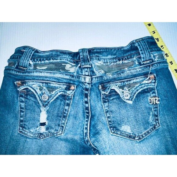 Miss Me Jeans Women's Sz 31 Blue Camo Denim Boot Cut Embellished Distressed Flap - Picture 1 of 16